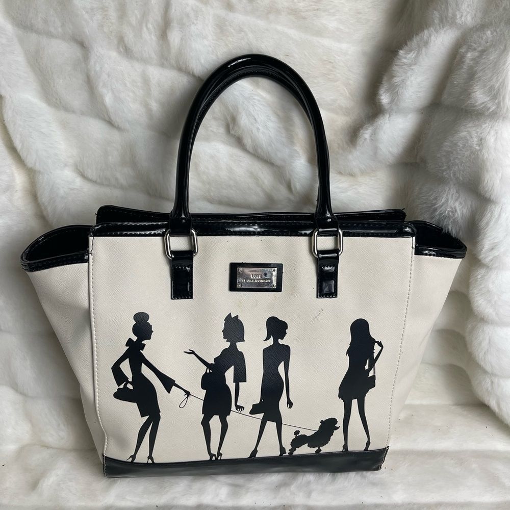 Lulu Guinness bag.  Black patent leather. & off white canvas.